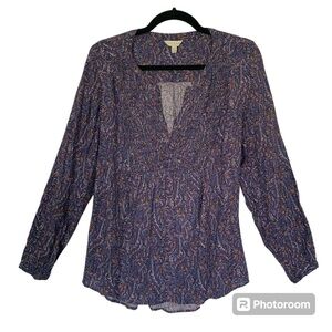 LUCKY BRAND Women’s Blouse Purple Floral Scroll Pheasant Long Sleeve‎ V-Neck L